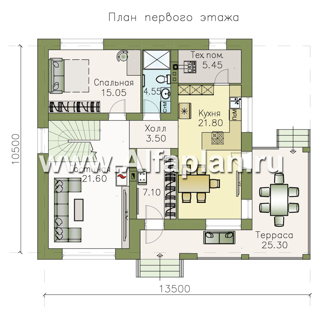 Проекты домов Альфаплан - Компактный дом с четырьмя спальными и угловой террасой - план проекта №1