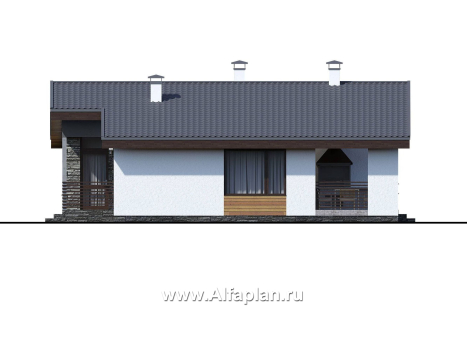 Проекты домов Альфаплан - «Калисто» - одноэтажный коттедж с островным камином в гостиной - превью фасада №2