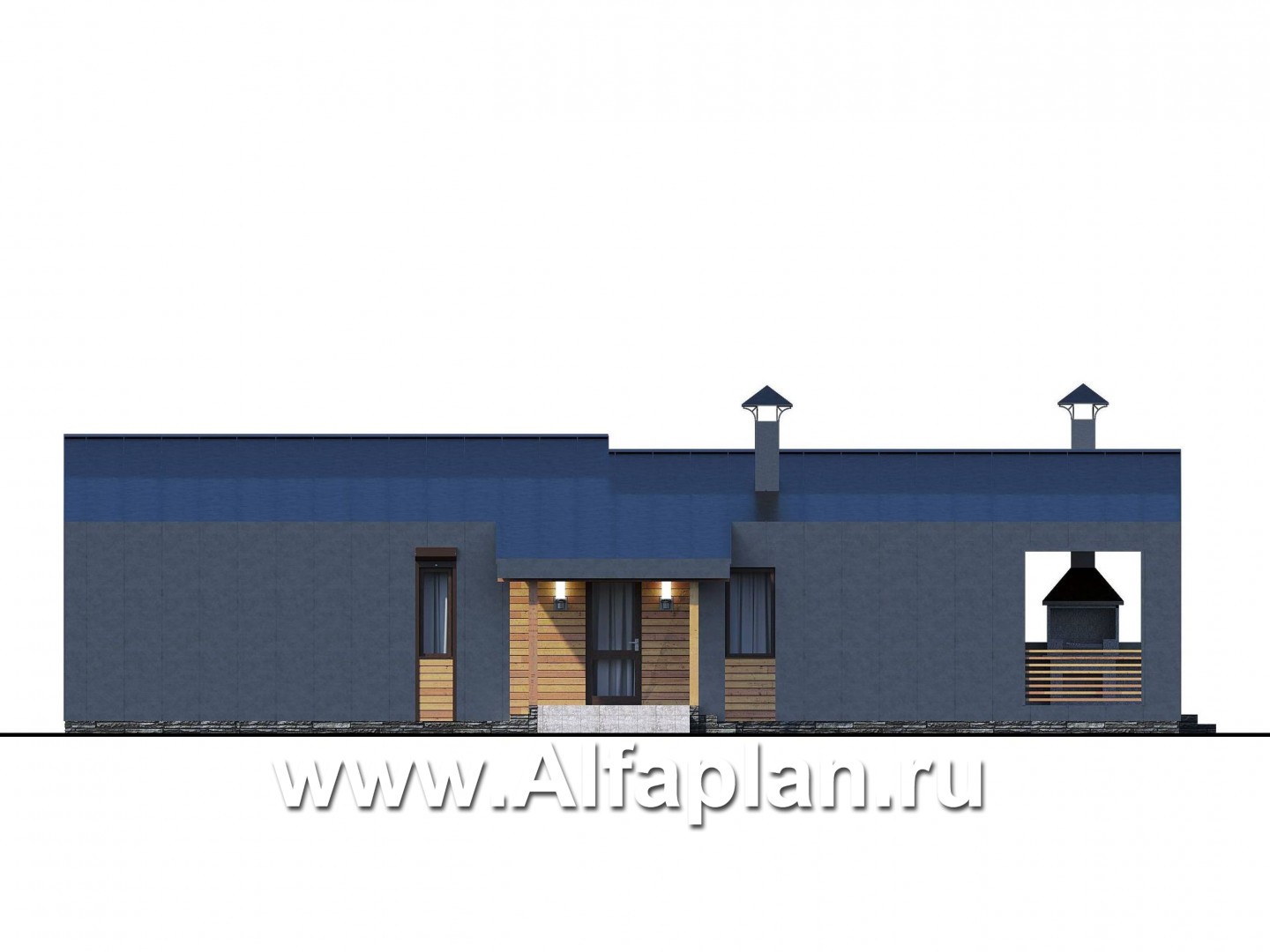 «Каппа» -  проект одноэтажного дома, с террасой, в стиле барн, 3 спальни увеличены - фасад дома