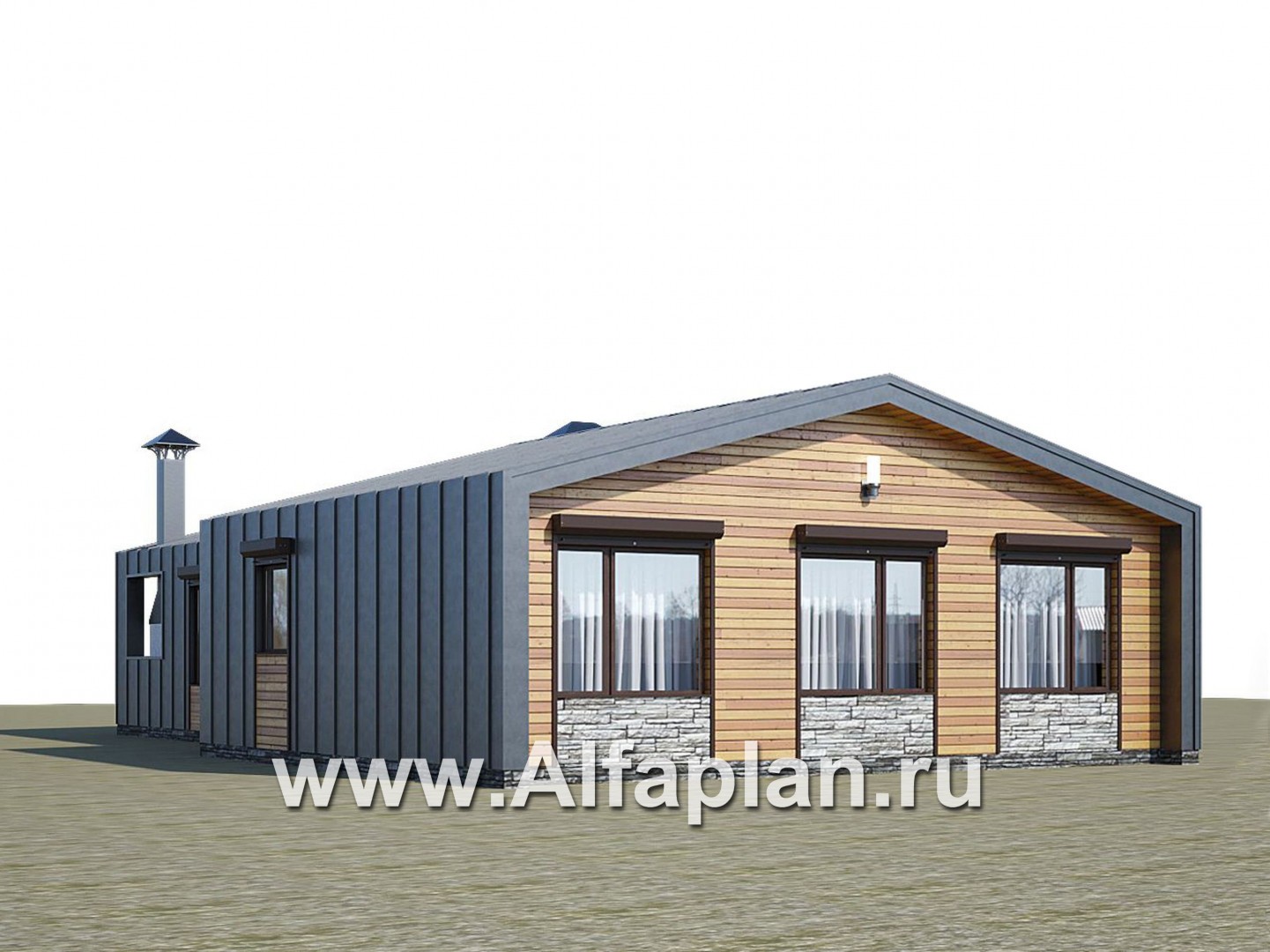 «Каппа» -  проект одноэтажного дома, с террасой, в стиле барн, 3 спальни увеличены - дизайн дома №1