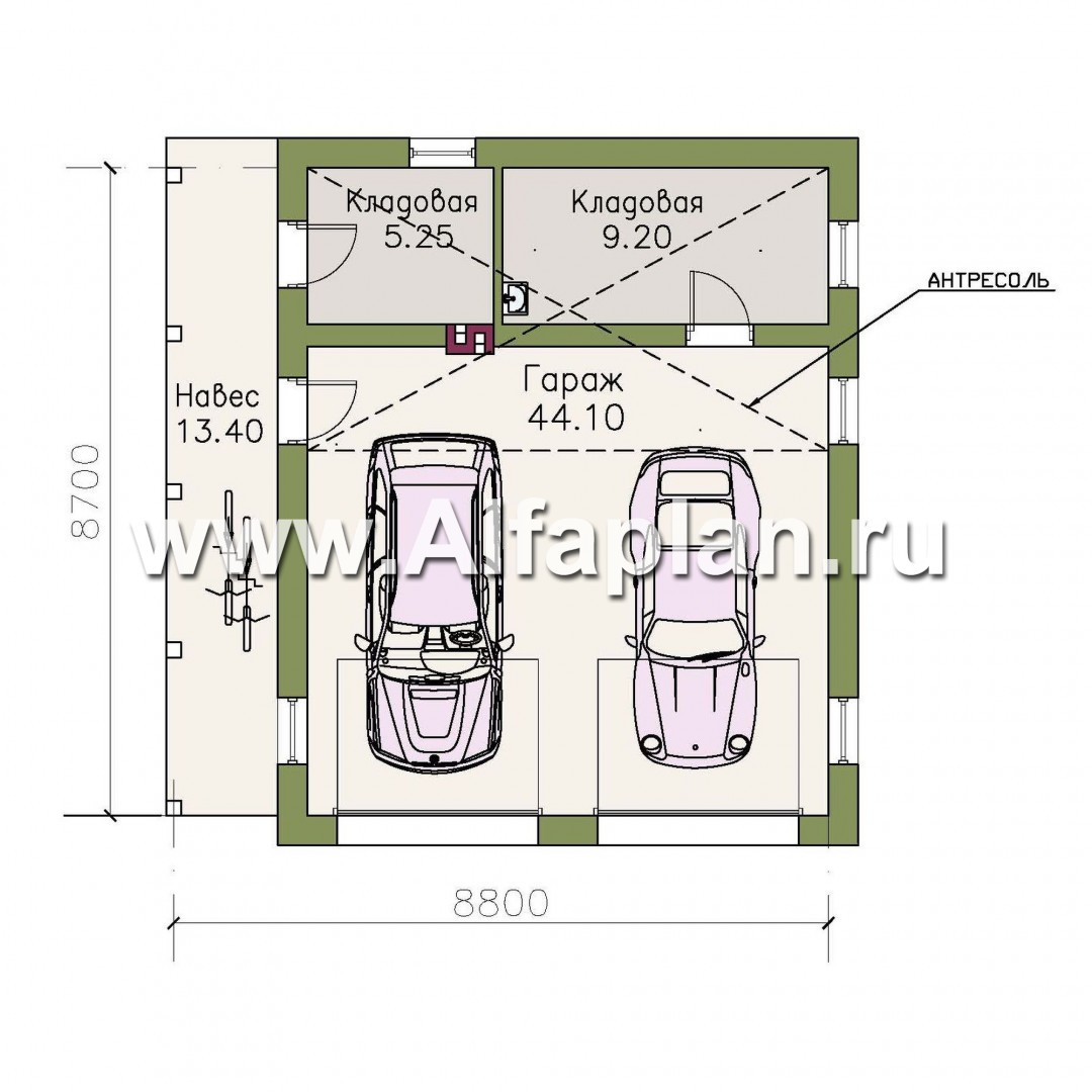 Проекты домов Альфаплан - Гараж на две машины с небольшим навесом - изображение плана проекта №1