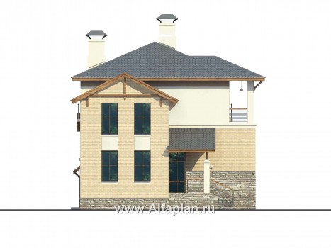 Проект трехэтажного дома из газобетона «Аура», с гаражом на 2 авто в цоколе, с сауной, в современном стиле - превью фасада дома