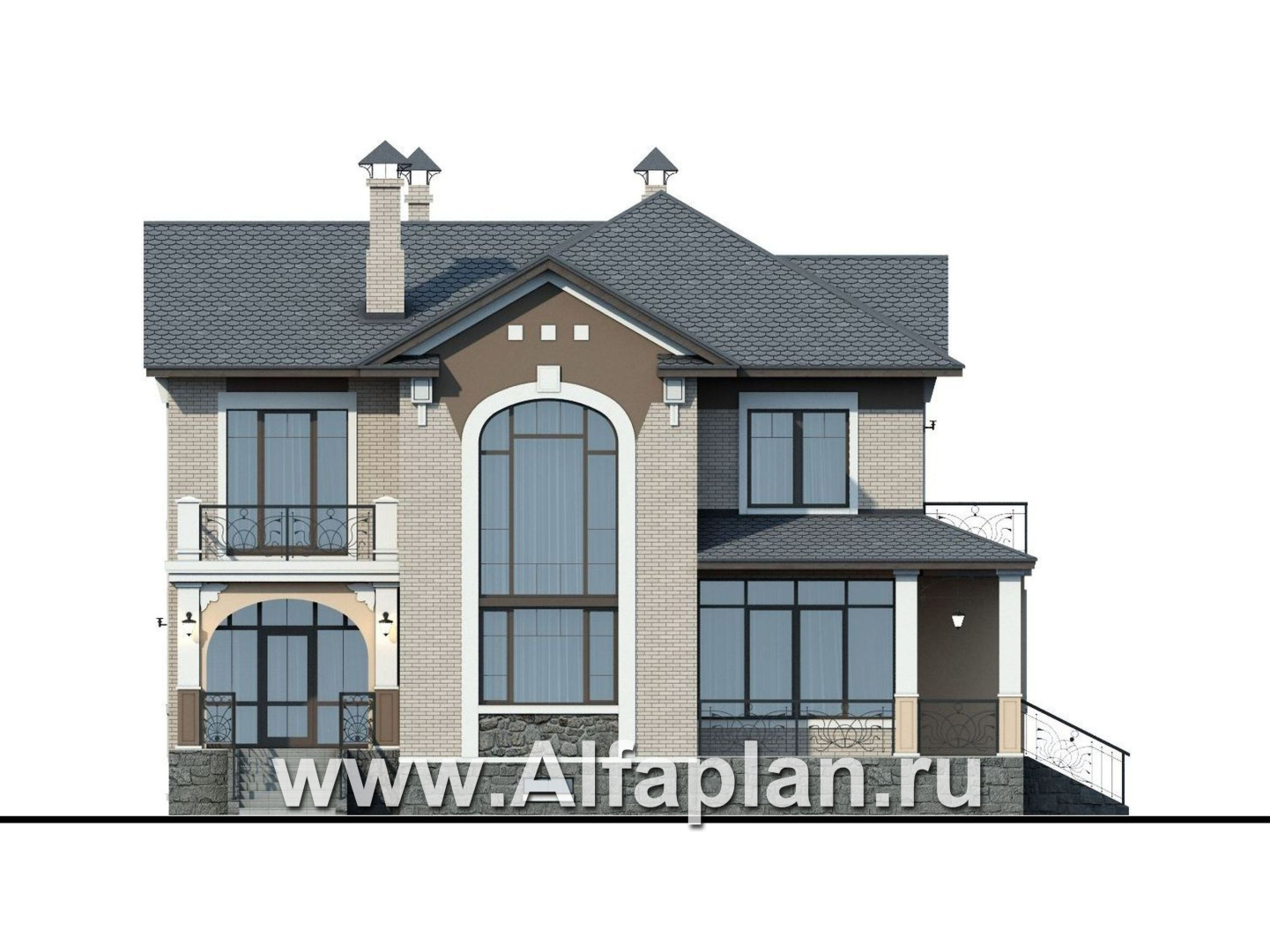 Проекты домов Альфаплан - «Голицын» - коттедж с двусветной гостиной и цоколем - изображение фасада №1