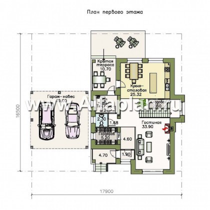 «Потемкин» - проект двухэтажного дома из газоблоков, планировка с лестницей в гостиной и мастер спальня, навес на 2 авто - превью план дома