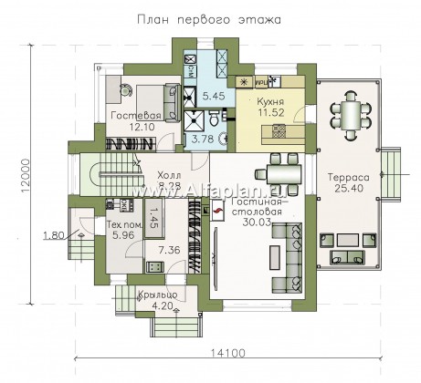 «Персей» - проект дома с мансардой, из кирпича, с террасой, современный стиль - превью план дома