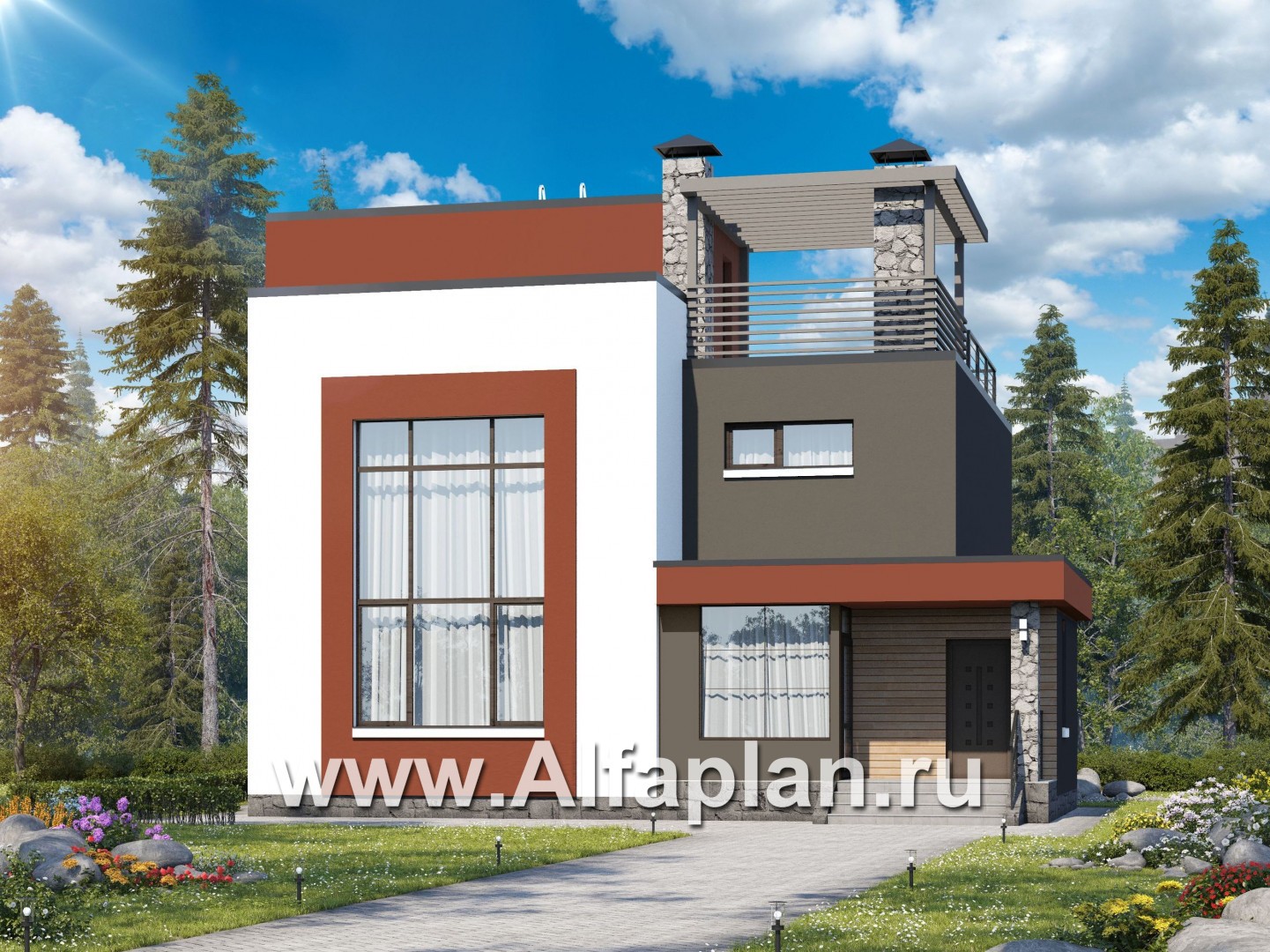Проекты домов Альфаплан - «Пристань» - проект дома с плоской эксплуатируемой кровлей - основное изображение