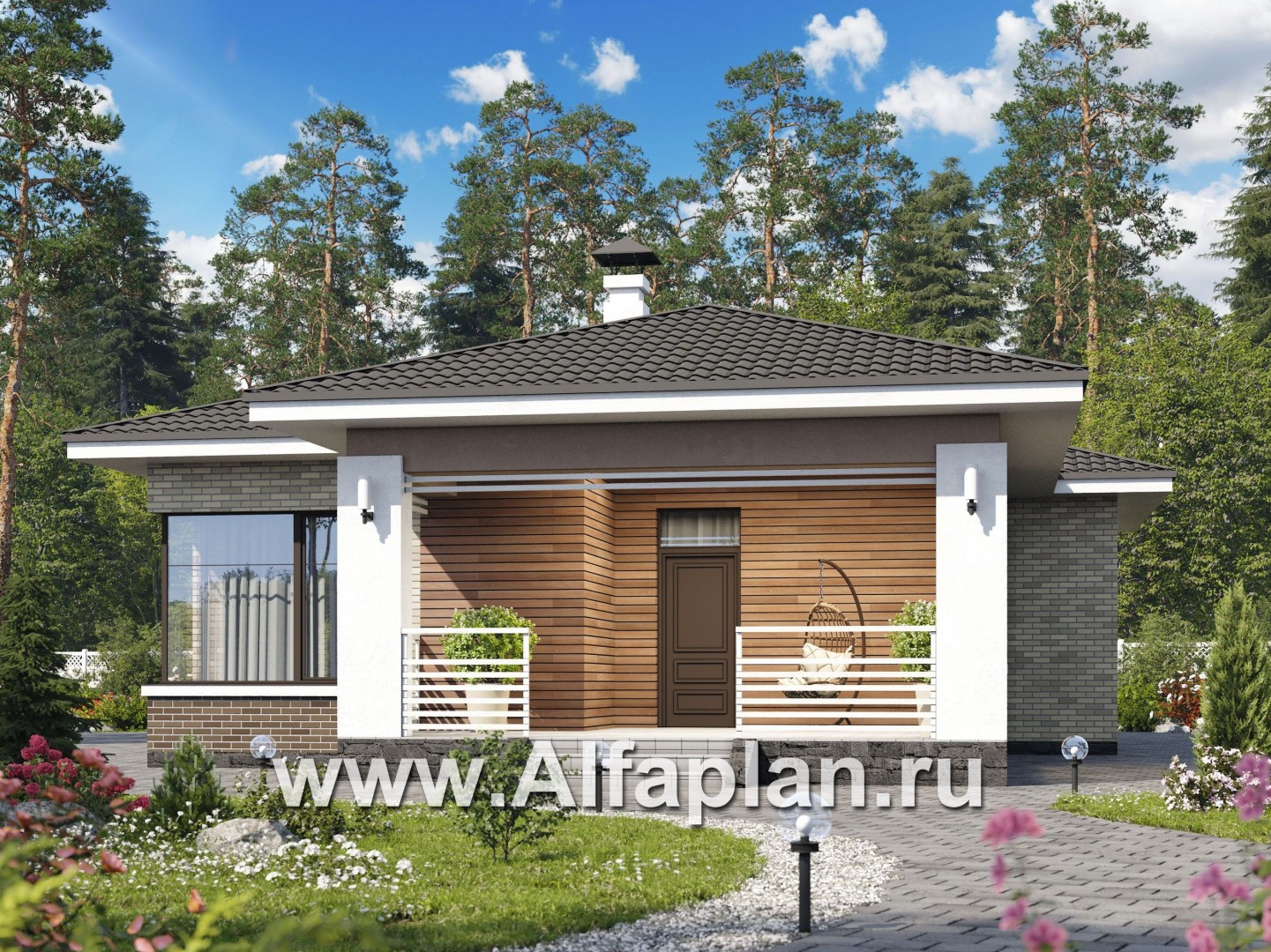 «Гестия» - проект одноэтажного дома, с террасой со стороны входа, в современном стиле - основное изображение