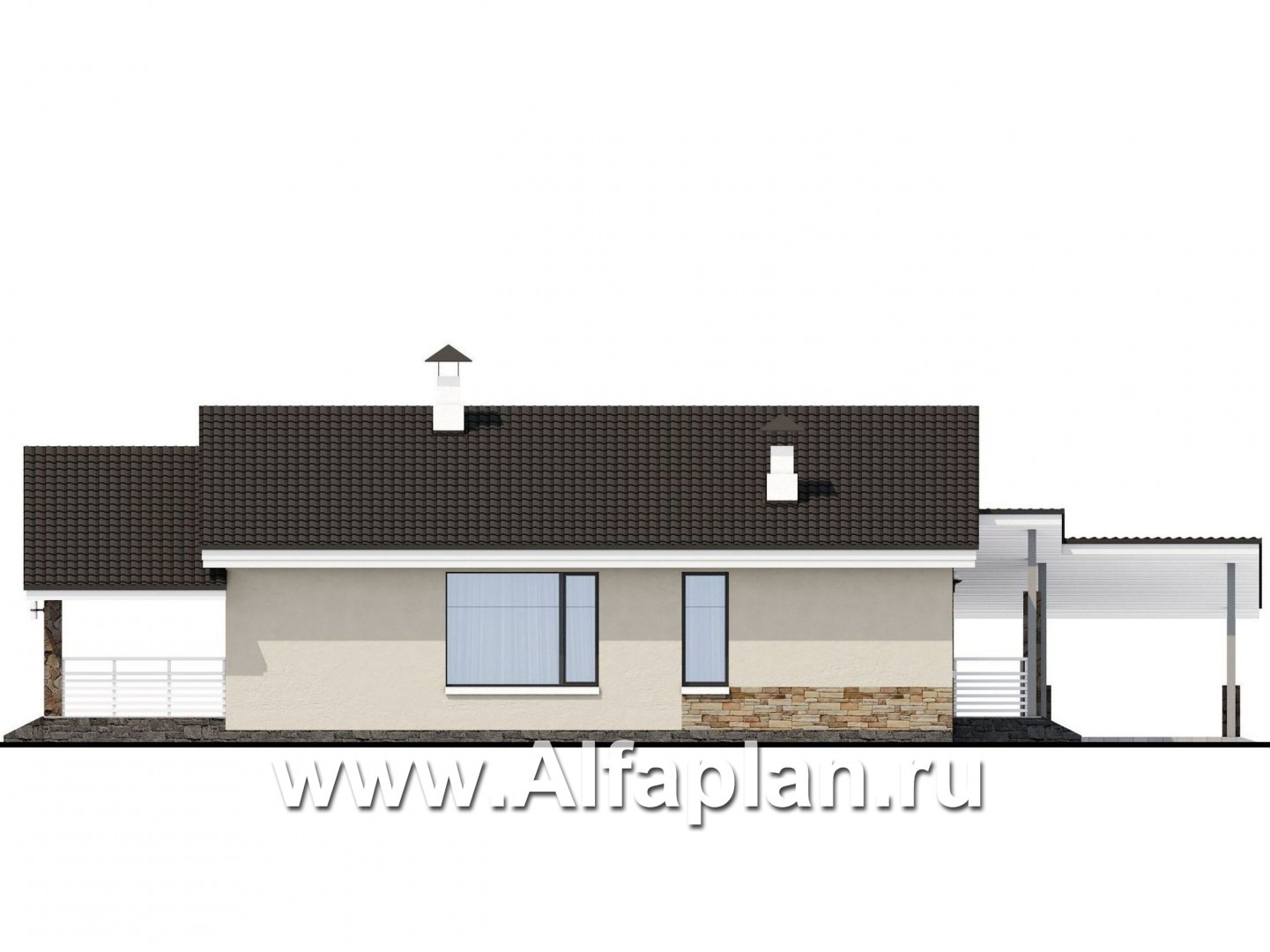 Проекты домов Альфаплан - «Дриада» - одноэтажный дом с гаражом-навесом - изображение фасада №3