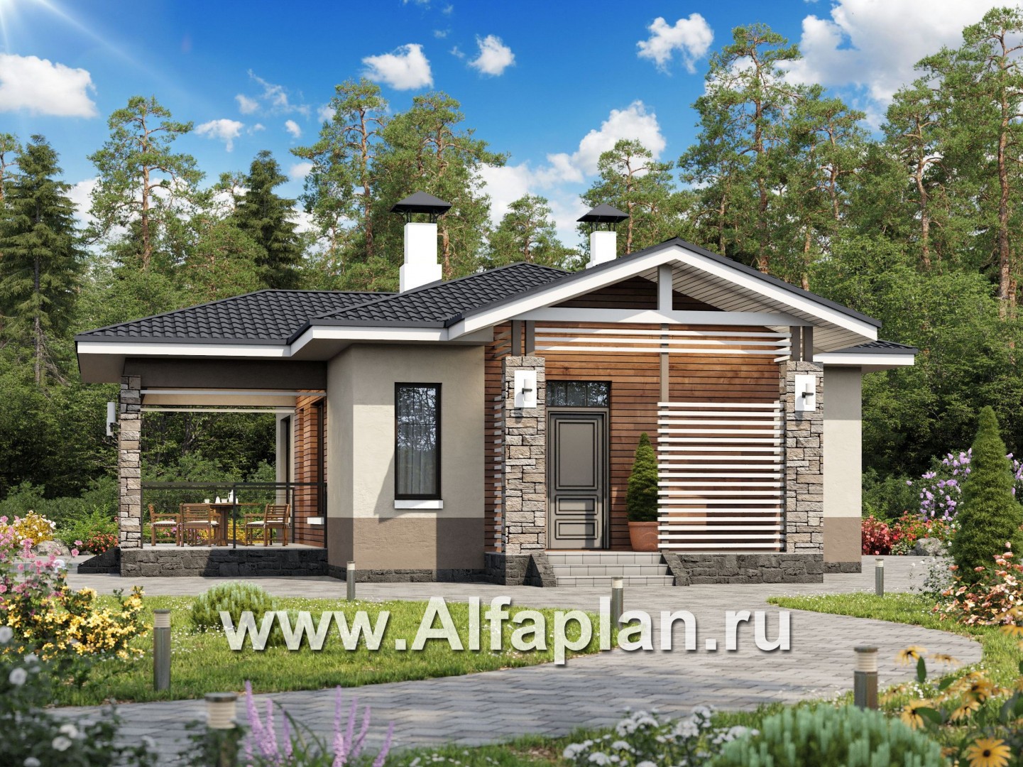 Проекты домов Альфаплан - «Мелета» - компактный и уютный одноэтажный дом с двумя спальнями - основное изображение