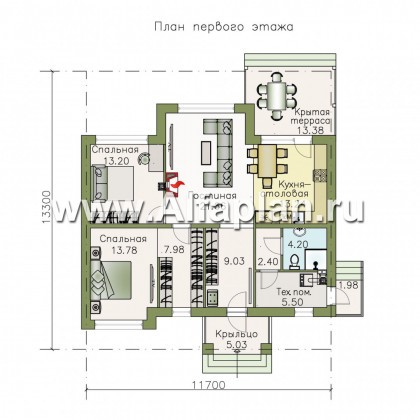 Проекты домов Альфаплан - «Бирюса» - одноэтажный коттедж для небольшой семьи - превью плана проекта №1