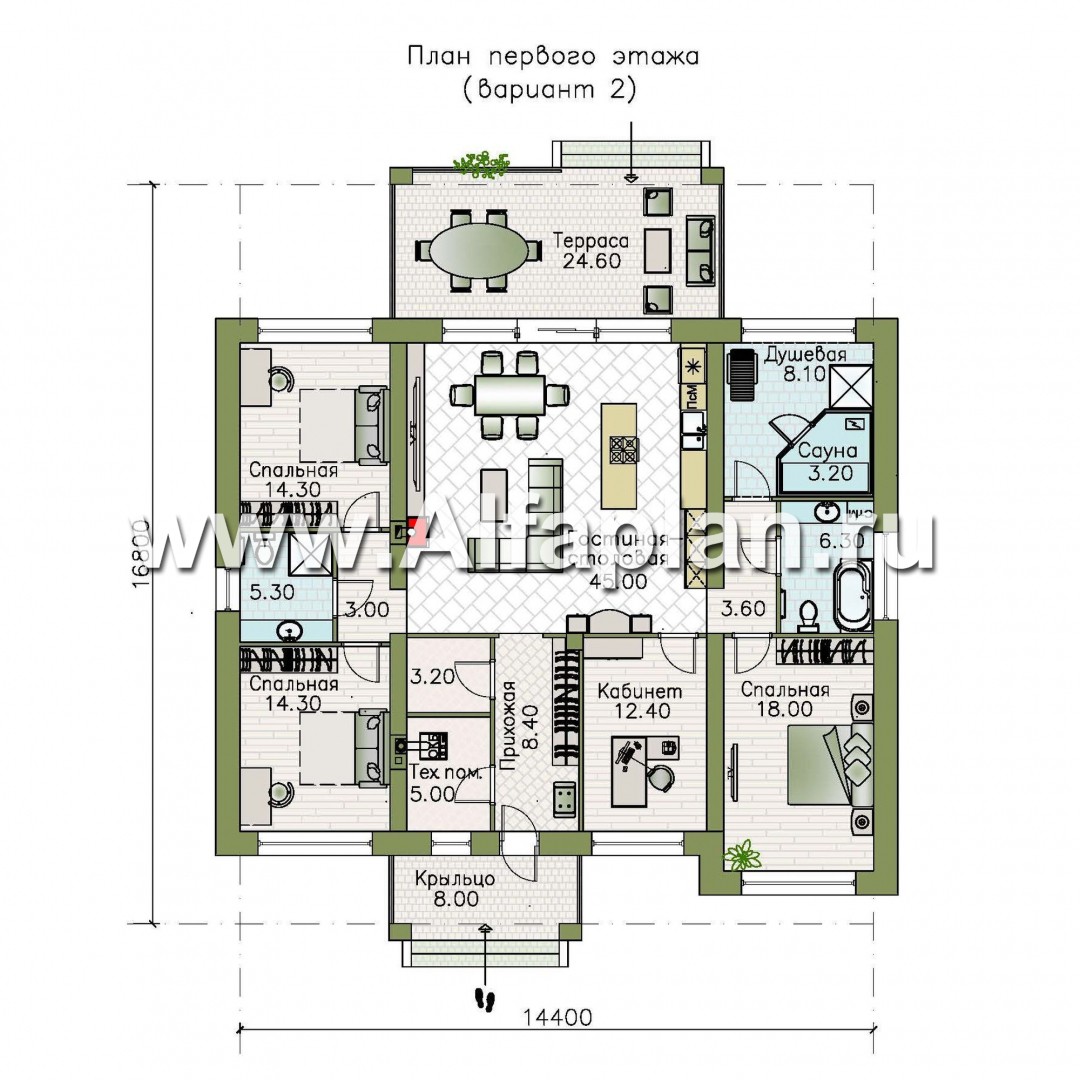 Проекты домов Альфаплан - «Зодиак» - одноэтажный коттедж с пятью жилыми комнатами - изображение плана проекта №2