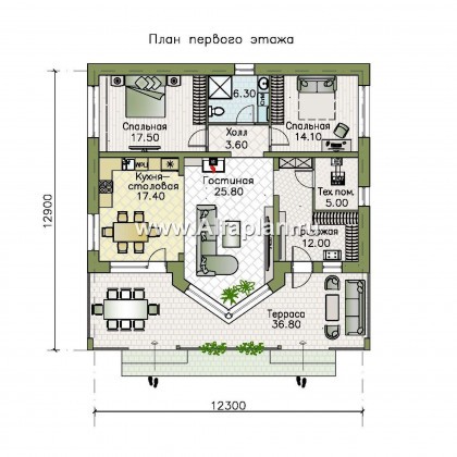 Проекты домов Альфаплан - «Вектор» - проект стильного одноэтажного дома с удобной планировкой - превью плана проекта №1