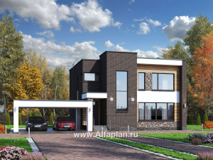 Проекты домов Альфаплан - «Эрго» - проект двухэтажного дома с плоской кровлей 10х10м, с гаражом-навесом - превью основного изображения