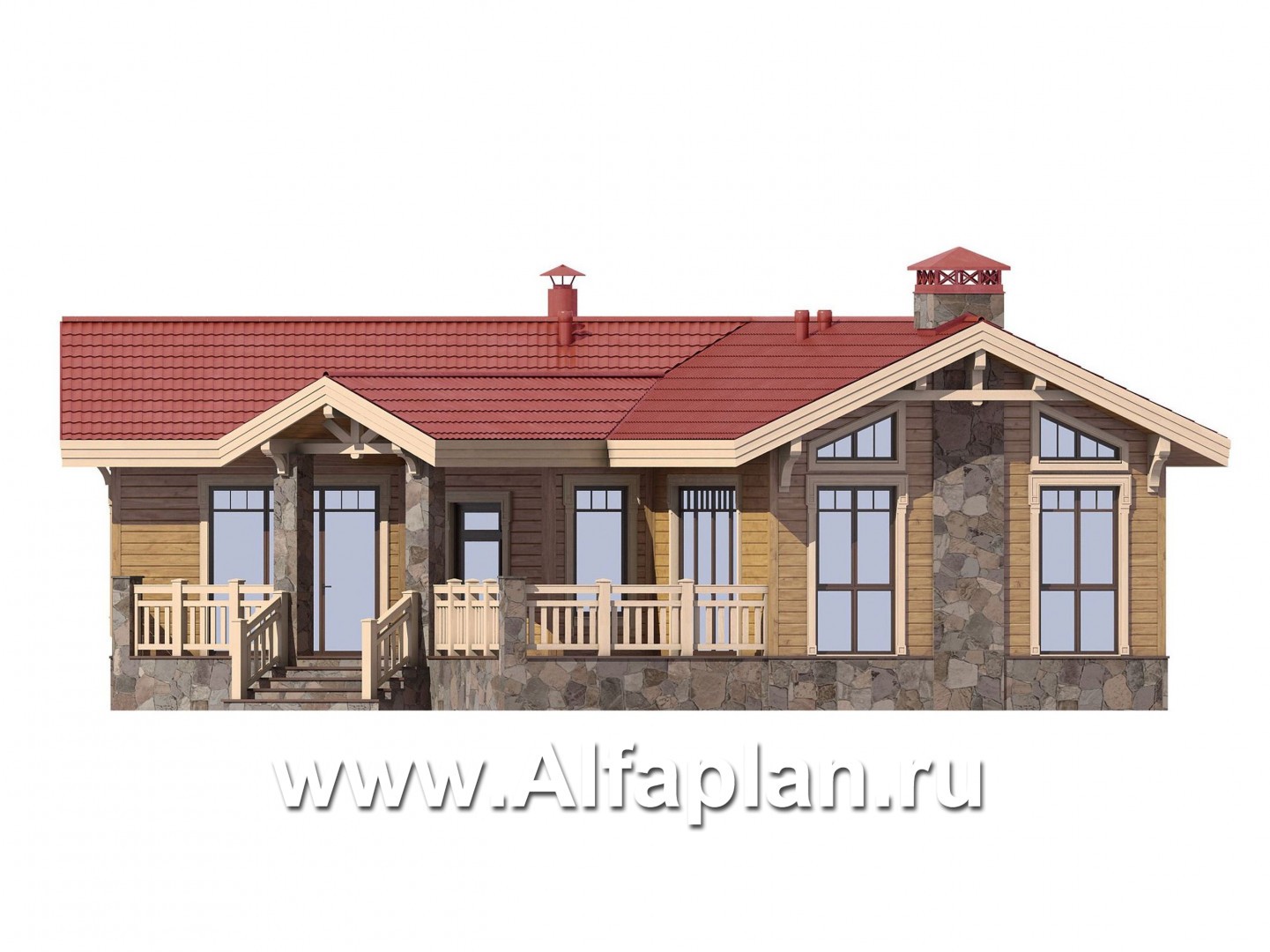 Проект бани из бруса, с террасой и с купелью, с диагональным решением - фасад дома