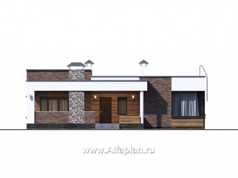 Проекты домов Альфаплан - «Фортис» - одноэтажный дом с плоской кровлей, и грилем на террасе - превью фасада №1
