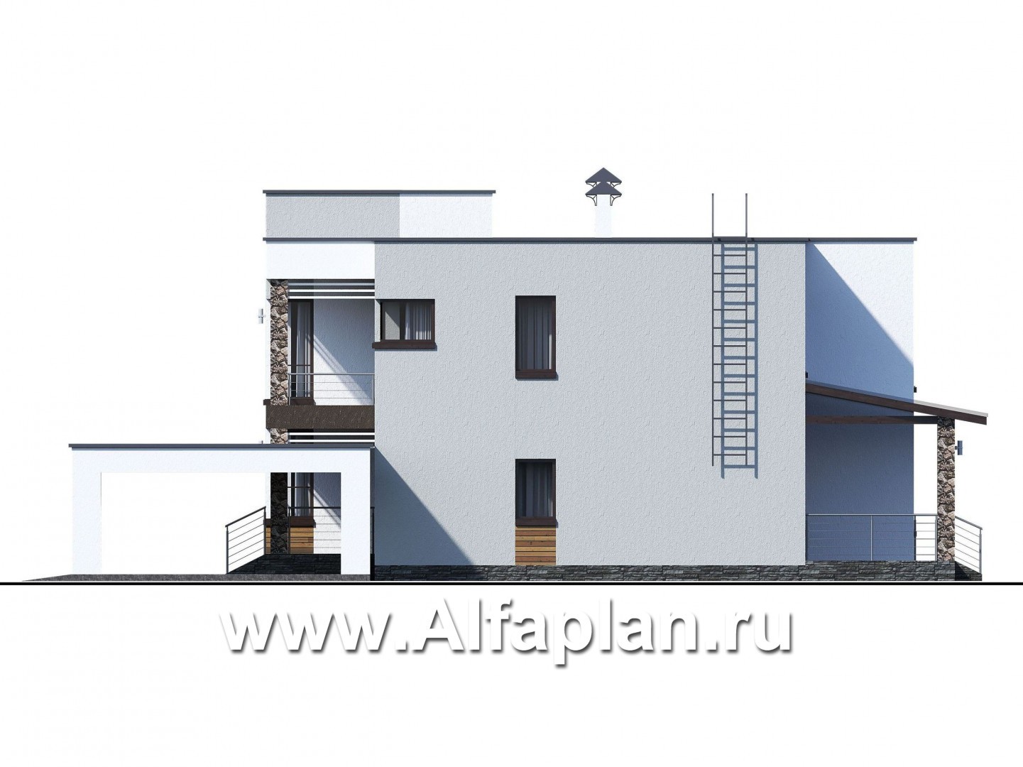 Проекты домов Альфаплан - «Престиж» - проект удобного и просторного дома с плоской кровлей, и гаражом-навесом - изображение фасада №2