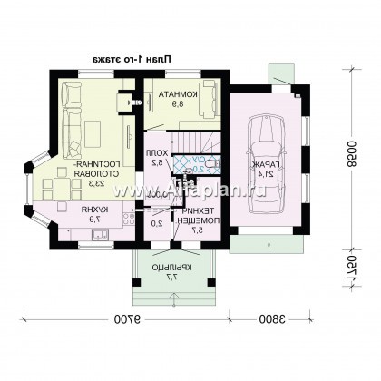 Проект дома с мансардой, планировка 3 спальни, с эркером и кабинетом на 1 эт, гараж на 1 авто - превью план дома