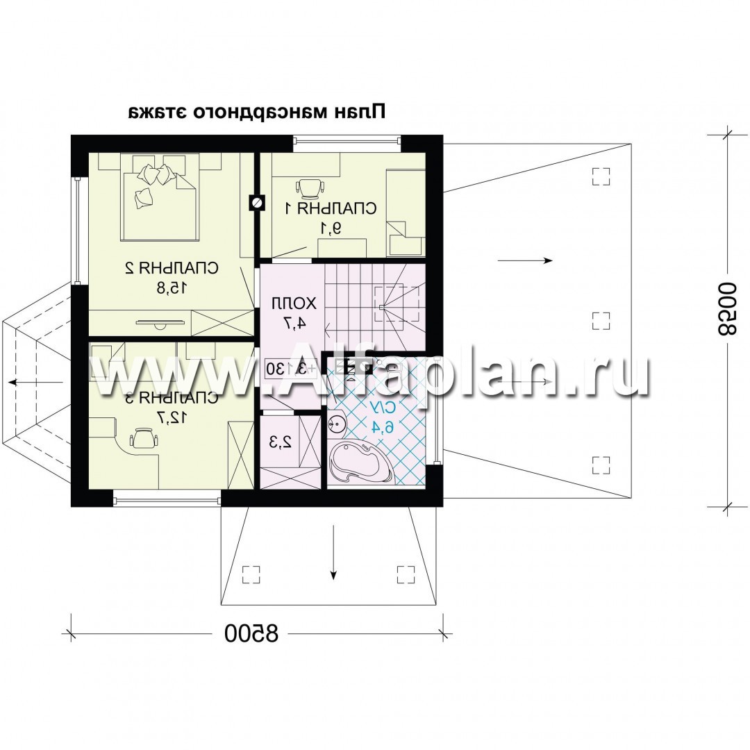 Проекты домов Альфаплан - Проект компактного мансардного дома с навесом для машины - план проекта №2