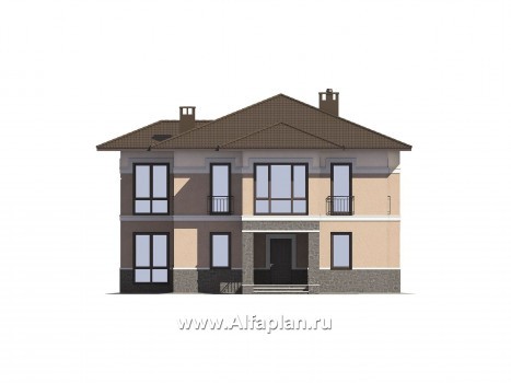 Проект двухэтажного дома из газобетона, планировка с гостевой и спальней на 1 эт, с террасой и с эркером, в современном стиле - превью фасада дома