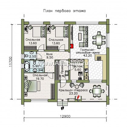 «Веда» - проект одноэтажного дома, 3 спальни,  в стиле барн - превью план дома