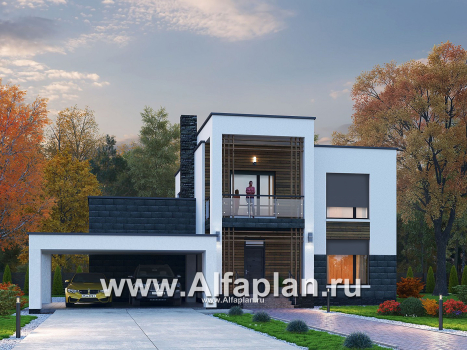 Проекты домов Альфаплан - «Футура» - современный двухэтажный дом с плоской кровлей и гаражом-навесом - превью основного изображения