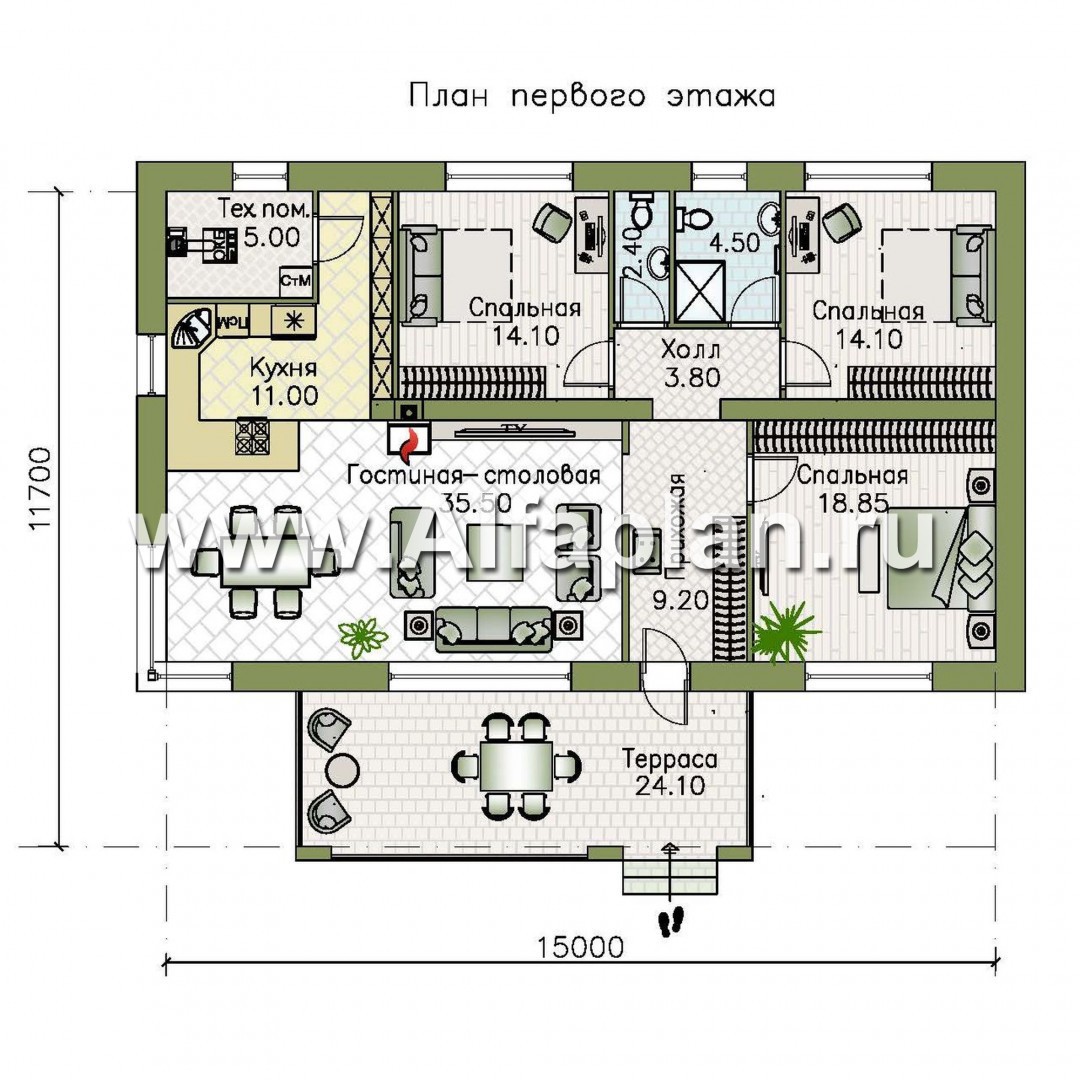 Проекты домов Альфаплан - Проект компактного одноэтажного дома с тремя спальнями - план проекта №1