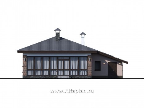 «Каллиопа» - проект одноэтажного дома, 2 спальни, с террасой и с расширенным гаражом, в современном стиле - превью фасада дома