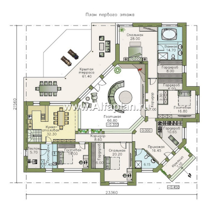«Модуль» — проект одноэтажного дома, со вторым светом и с террасой, с диагональным планом, 4 спальни - превью план дома