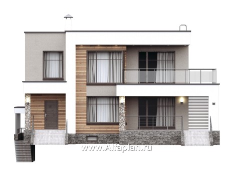 Проекты домов Альфаплан - «Серотонин» - проект современного хай-тек дома с плоской кровлей и цокольным этажом - превью фасада №1