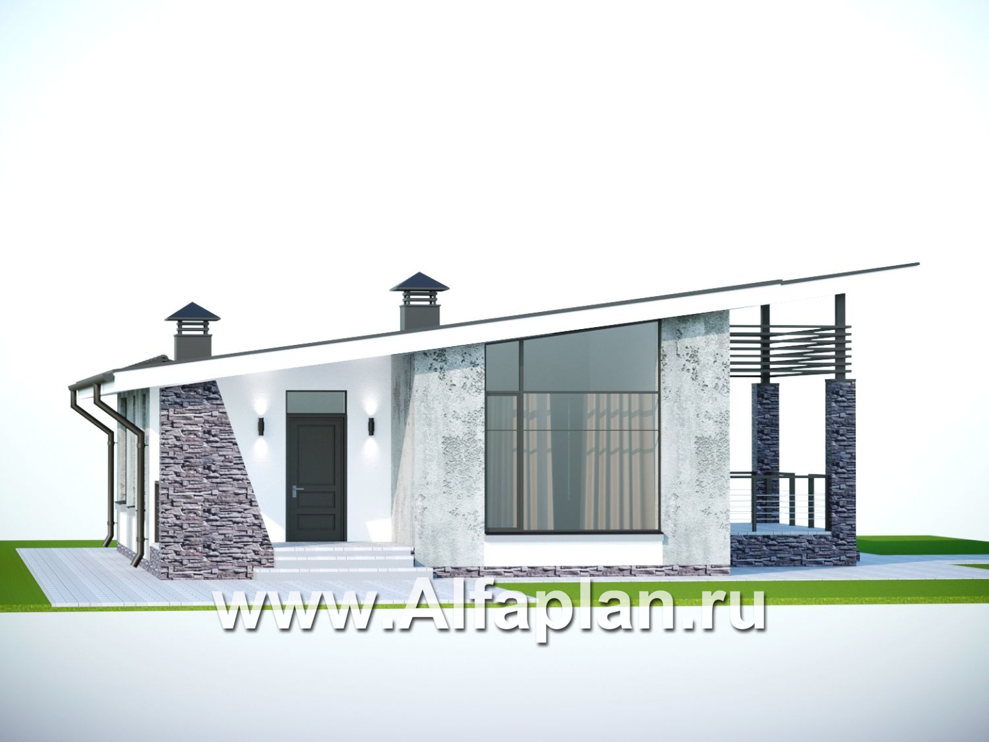 Проекты домов Альфаплан - «Корица» - одноэтажный дом с односкатной крышей, с двумя спальнями - дополнительное изображение №1