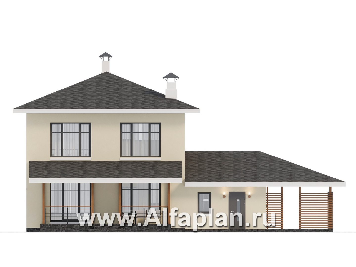 Проекты домов Альфаплан - "Остров сокровищ" - проект экономичного дома с гаражом и навесом для автомобилей - изображение фасада №4