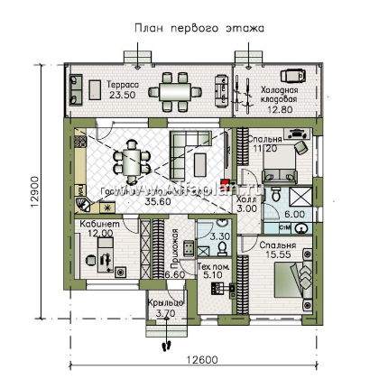 «Отрадное» - проект одноэтажного дома, с террасой, 3 спальни, с двускатной крышей - превью план дома