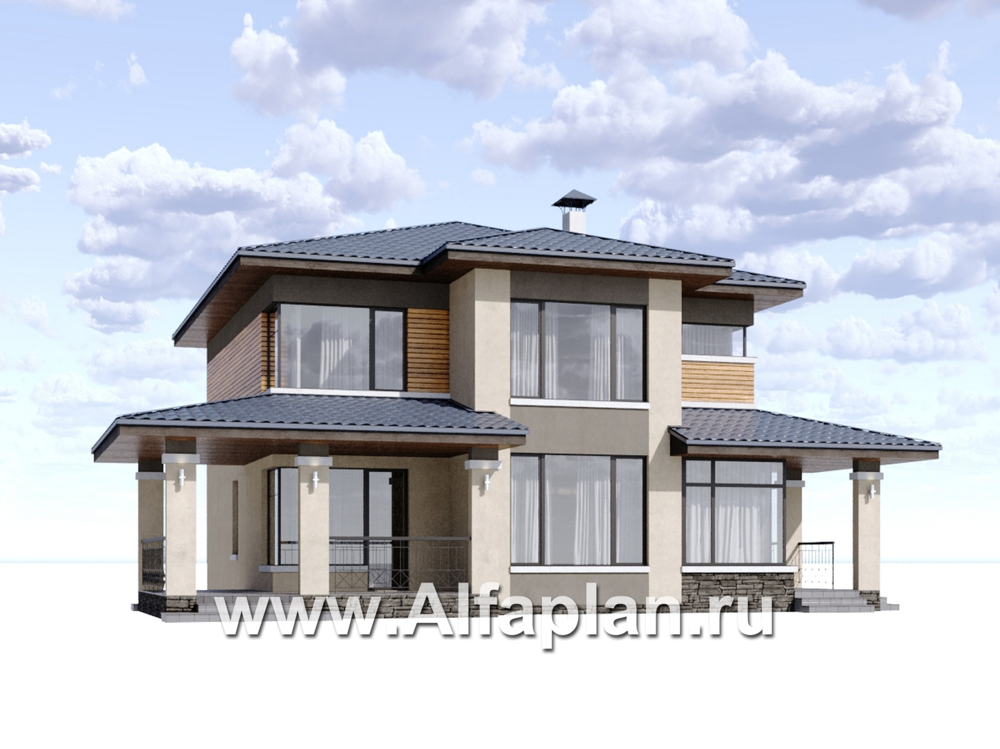 Проекты домов Альфаплан - "Монтана" - проект двухэтажного дома из кирпичей в стиле Райта - дополнительное изображение №1