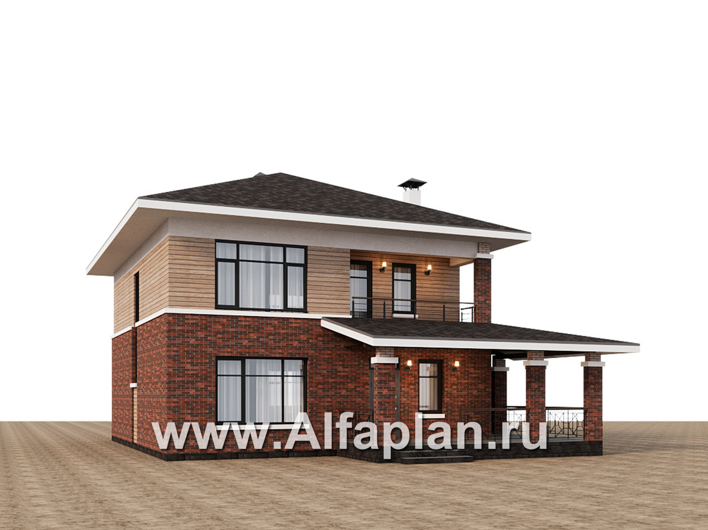 Проекты домов Альфаплан - "Отрадное" - дизайн дома в стиле Райта, с террасой на главном фасаде - дополнительное изображение №4