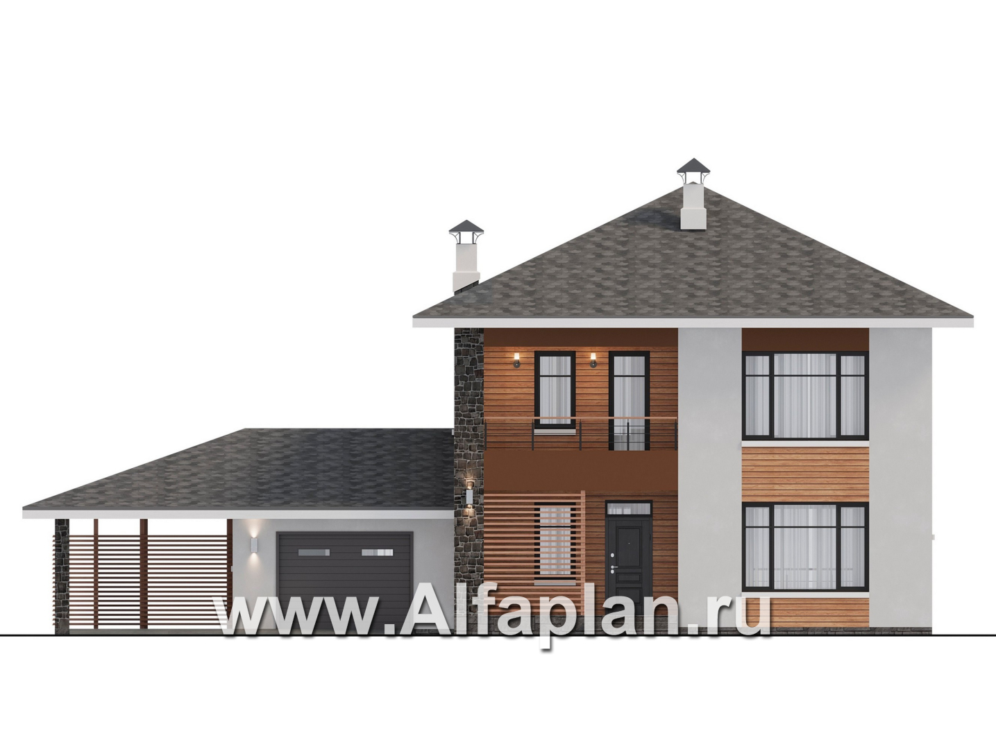 Проекты домов Альфаплан - "Вуокса" - современный двухэтажный коттедж, штукатурные фасады, с гаражом - изображение фасада №1