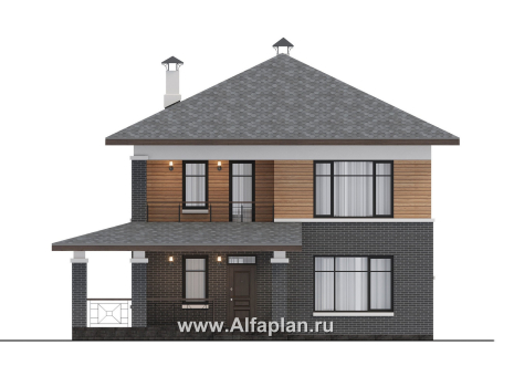 Проекты домов Альфаплан - "Отрадное" - дизайн дома в стиле Райта, с террасой на главном фасаде - превью фасада №1
