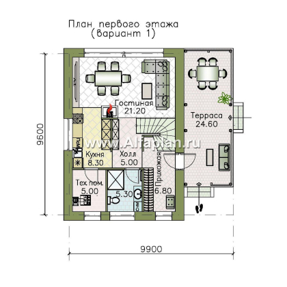«Викинг» - проект дома, 2 этажа, с сауной и с террасой сбоку, в скандинавском стиле - превью план дома