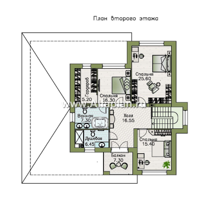 «Репутация» - красивый проект двухэтажного дома из газобетона, планировка с эркером и сауной, в английском стиле - превью план дома