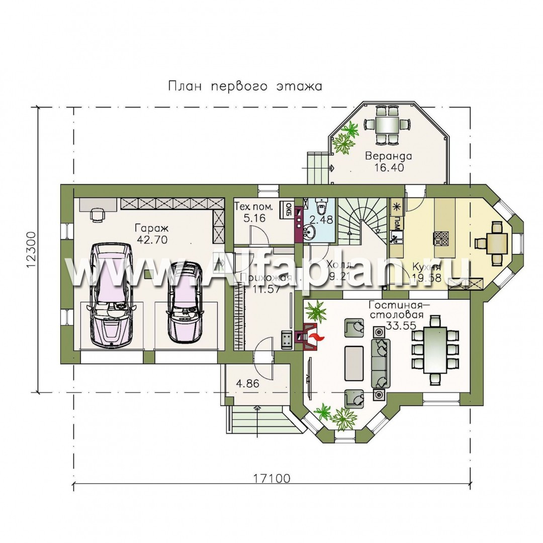 Проекты домов Альфаплан - «Классика» - двухэтажный особняк с эркером и гаражом на два автомобиля - план проекта №1