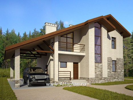 Проект дома с мансардой, планировка с террасой и навесом на 1 авто, в стиле минимализм - превью дополнительного изображения №3
