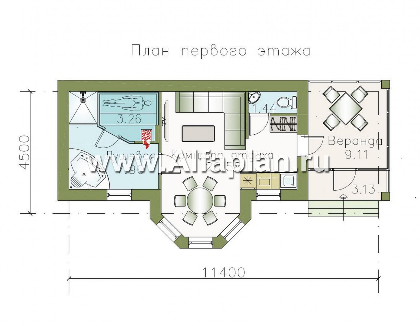 Проекты домов Альфаплан - Удобная современная баня с верандой - план проекта №1