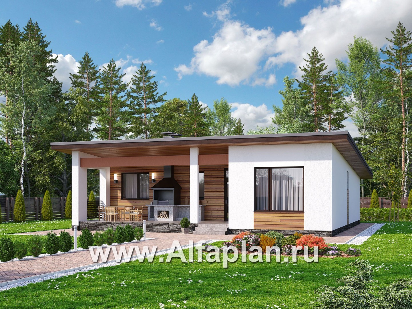 Проекты домов Альфаплан - «Эпсилон» - уютный каркасный дом с просторной террасой - основное изображение