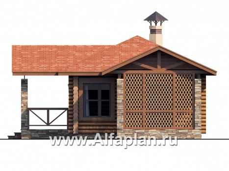 Проекты домов Альфаплан - Компактная, угловая деревянная баня с террасой - превью фасада №2