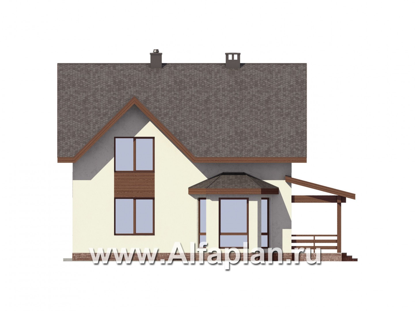 Проект дома с мансардой, 3 спальни, с камином и эркером, гостевая комната на 1 эт, терраса со стороны входа, гараж на 1 авто - фасад дома