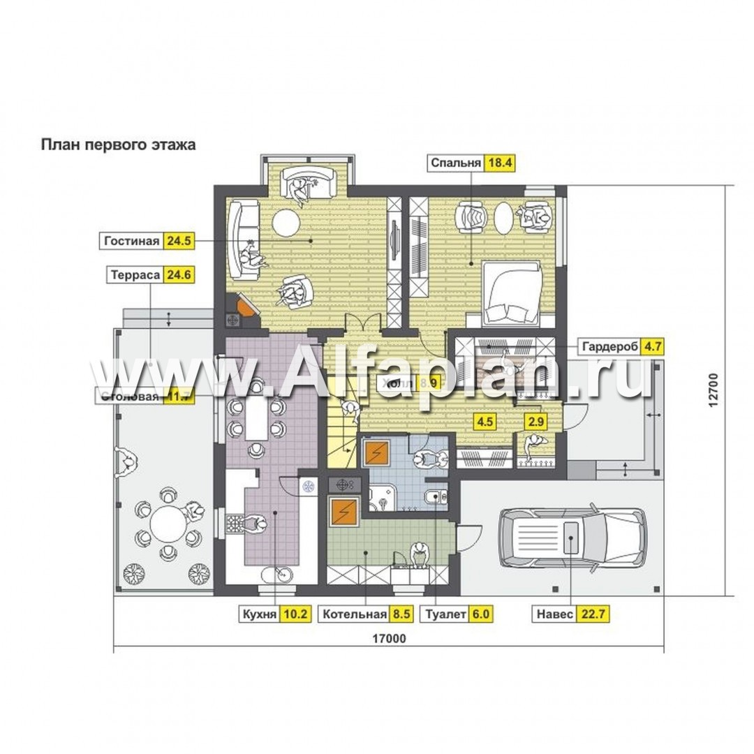 Проект каркасного двухэтажного дома с мансардой, план со спальней на 1 эт и с террасой, навес на 1 авто, в современном стиле - план дома