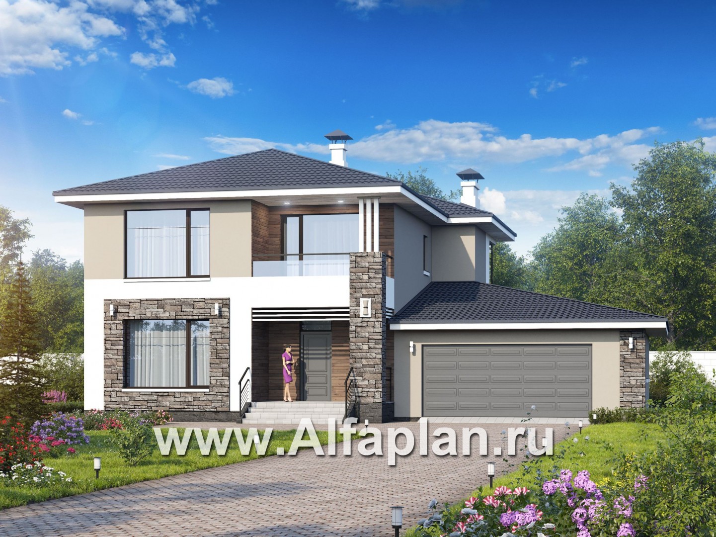 «Выбор русалки» - проект современного двухэтажного дома, мастер спальня, с сауной и гаражом на 2 авто - основное изображение