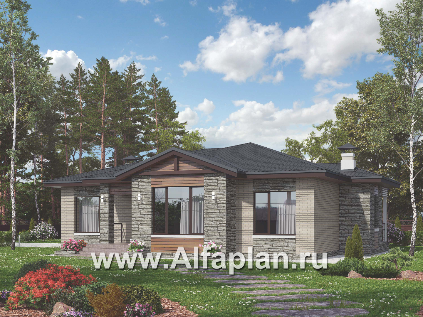 Проекты домов Альфаплан - «Калипсо» - комфортабельный одноэтажный дом c террасой - основное изображение