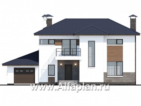 Проекты домов Альфаплан - «Мотивация успеха» - дом с гаражом, обращенный окнами в сад - превью фасада №1