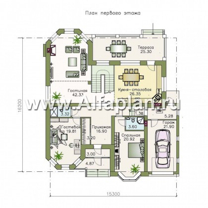 «Гавань» - проект дома с мансардой, с эркером, планировка со вторым светом и лестницей в гостиной, для большой семьи - превью план дома