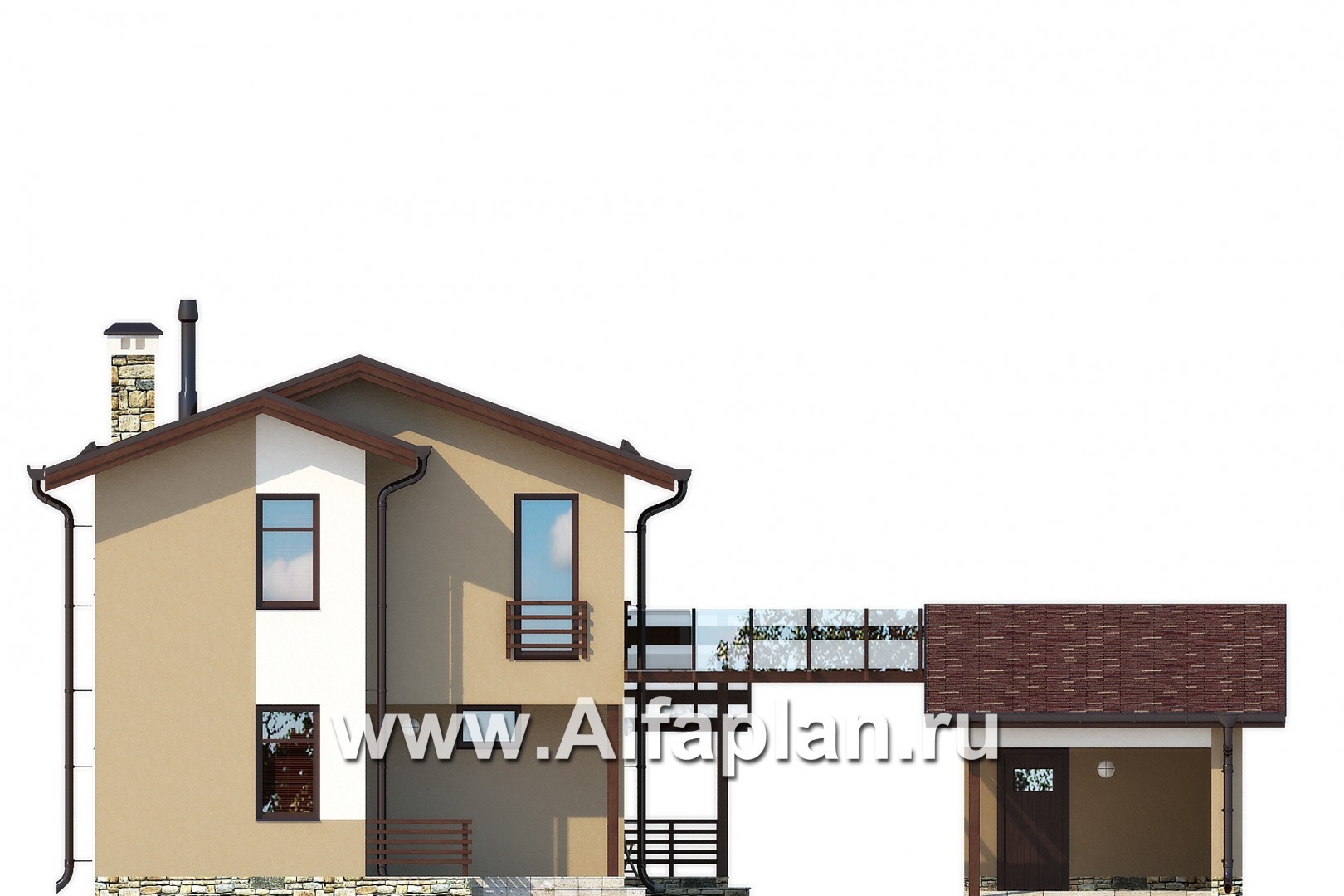 Проекты домов Альфаплан - Современный каркасный дом с навесом для машины - изображение фасада №1